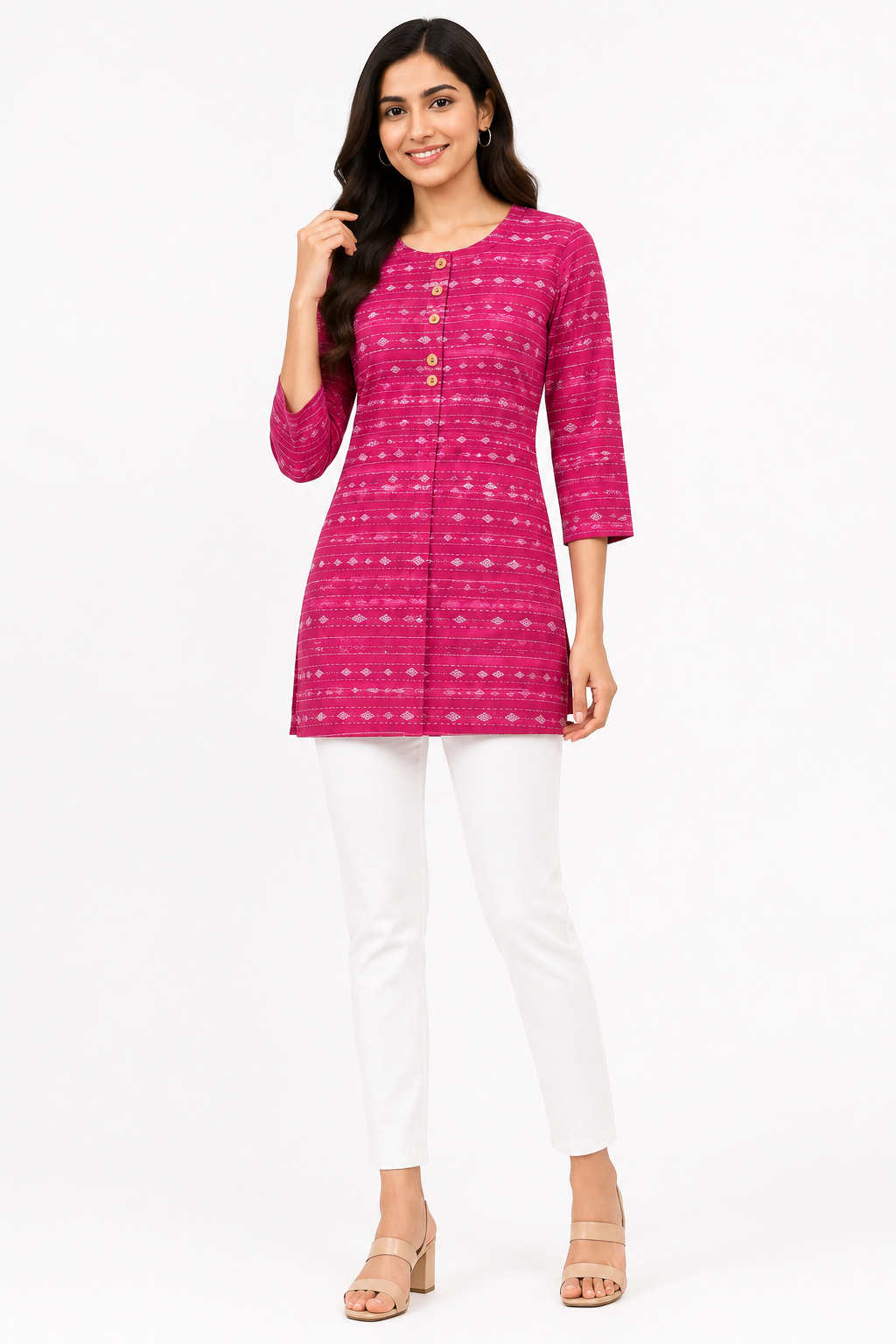 Women's Printed Short Kurti – Magenta & White Chevron Print