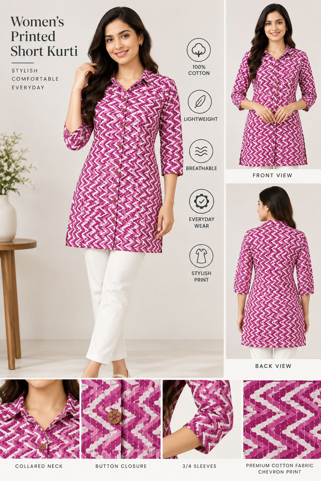 Women's Printed Short Kurti – Magenta & White Chevron Print
